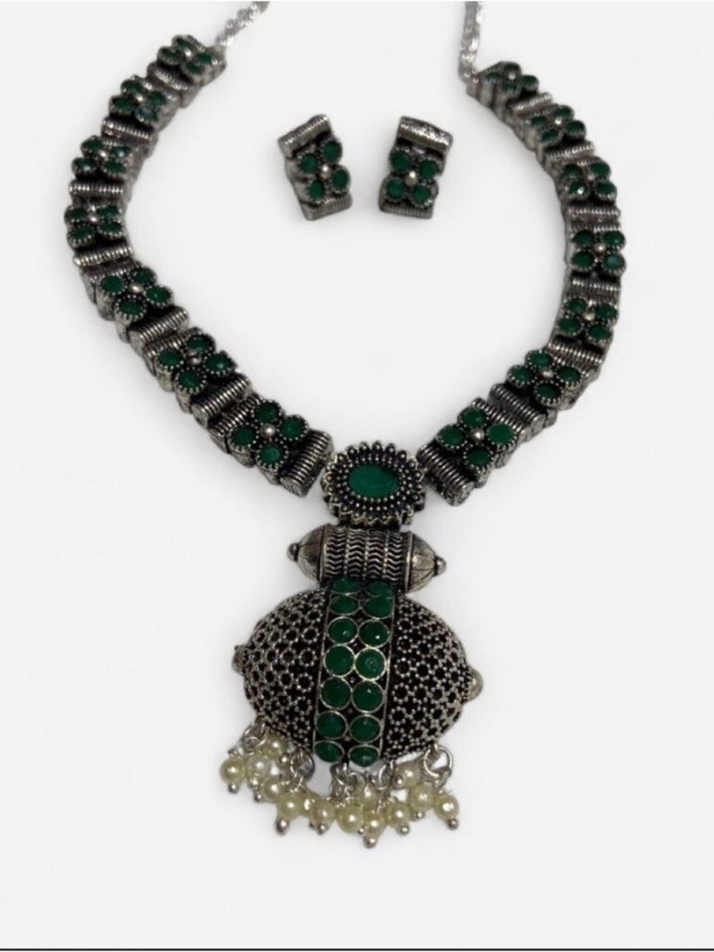 Traditional Indian Oxidized Silver Necklace & Earring Set Boho-Tribal Festival